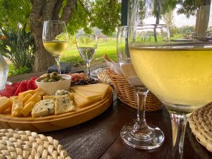 taça de vinho e tábua de frios em mesa de bidega