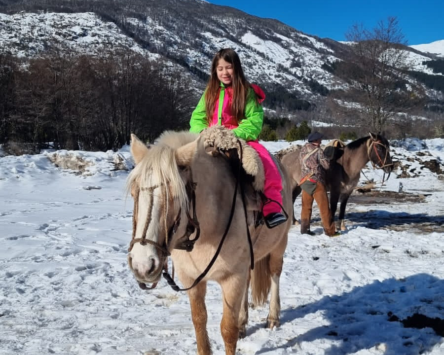 menina montada em cavalo em montanha de neve